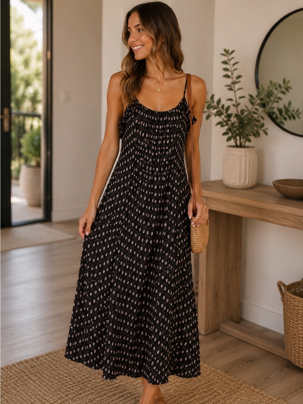 Who What Wear Black Abstract Floral‎ MIDI Dress